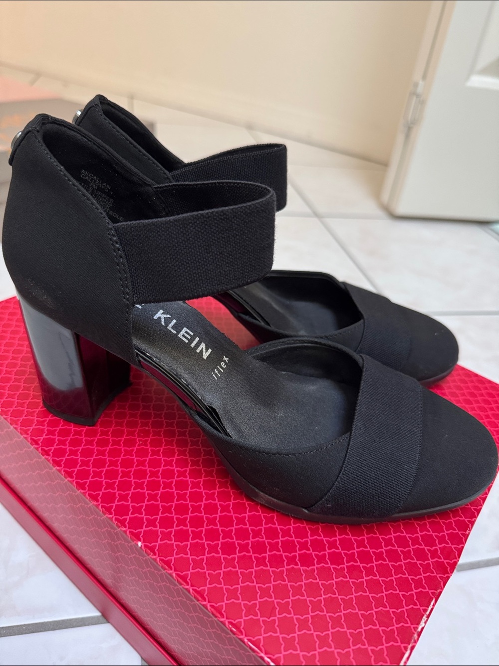 Anne Klein Black Elastic Strap Block Heel Pumps